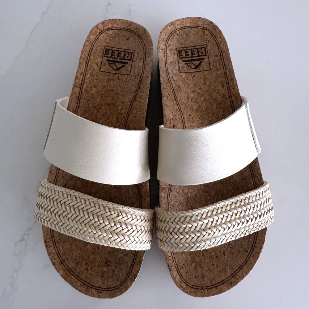 Reef Cushion Vista Hi Sandals Women 6 Cream Woven Cork Platform Slide Wedge